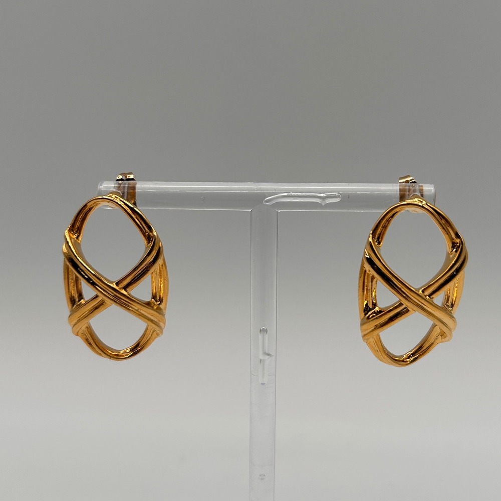Vintage Avon Gold Tone Openwork Oval Cross Over Stud Pierced Earrings Statement